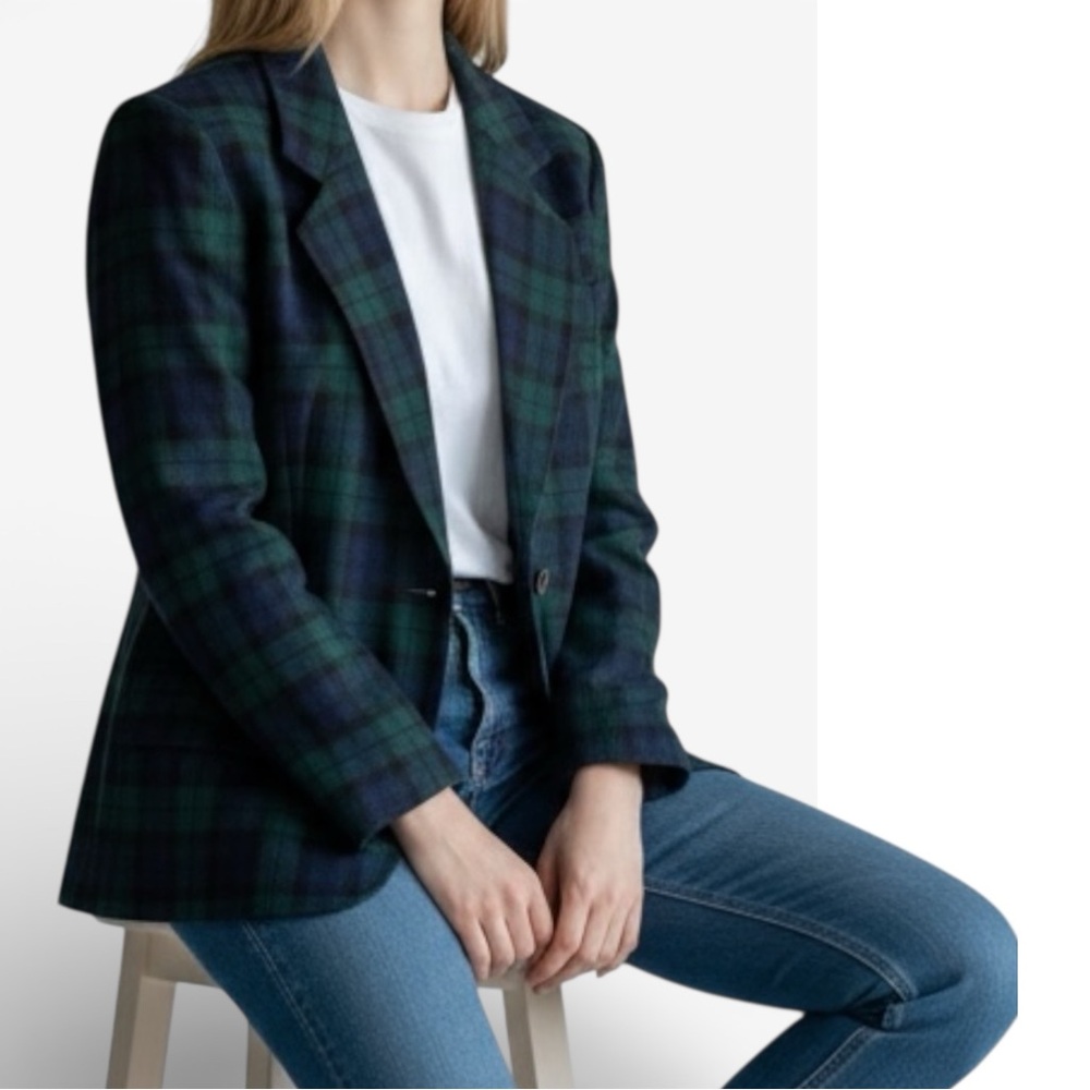 Pendleton Vintage ‘80’s Green Navy Tartan Plaid 100% Virgin Wool Blazer Jacket - Picture 11 of 14